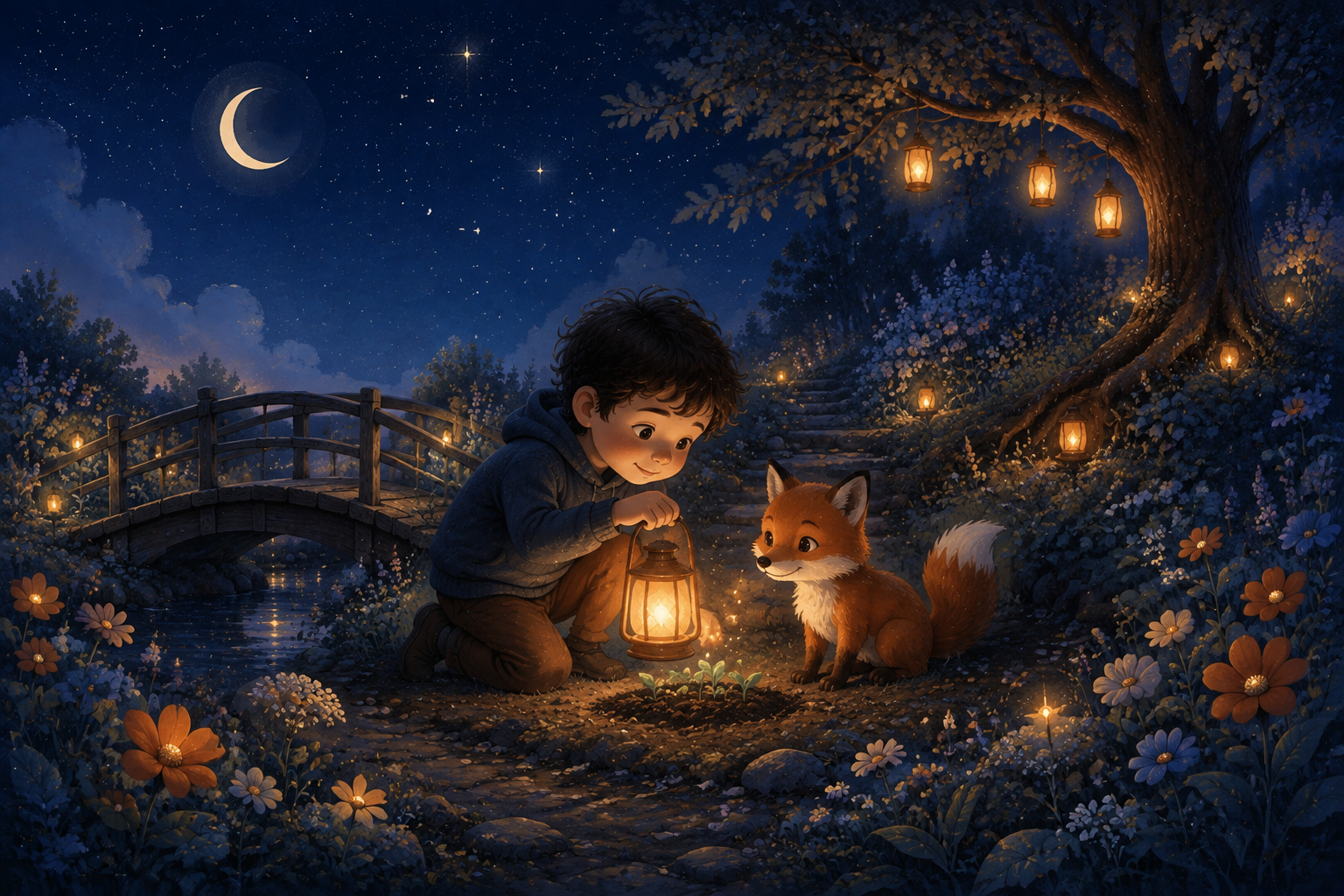 A child and a gentle fox tend a small plant in the garden